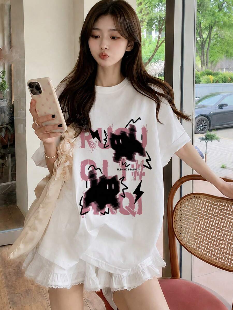 日系女式宽松休闲圆领字母卡通猫印花短袖T恤,春夏百搭白色 - 白色 - 查看 1