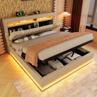 Flieks Upholstered Bed 135 X 190 / 150 X 200 / 180 X 200 Cm With LED Lighting, USB Type-C Charging, Storage Headboard For Cellphones And Tablets, 4ft6 / 5ft / 6ft Hydraulic Storage Bed With Metal Slatted Frame, Linen