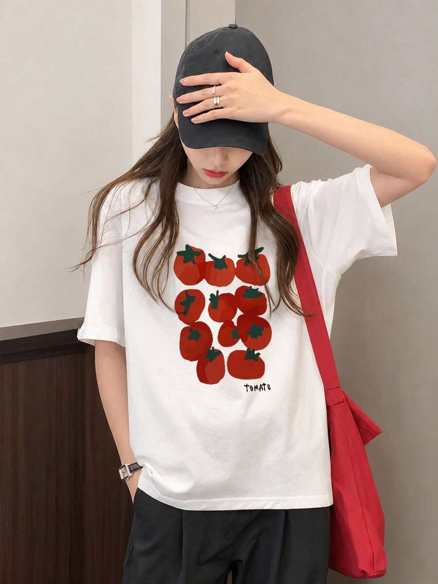 Japanese Style Women's Loose Casual Crew Neck Cartoon Tomato & Fruit Print Short Sleeve T-Shirt, Spring/Summer White - White - View 1