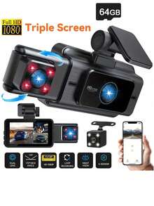 Kamera Dasbor Interior Depan dan Belakang 3 Saluran, Kamera Dasbor Mobil Full HD 1080P, Termasuk Kartu SD 128GB, Layar IPS 3 Inci, Penglihatan Malam, Sudut Lebar 170°, WDR, Pemantauan Parkir 24 Jam, Baterai 150mAh - A - View 15