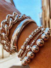 5pcs Fashion Exaggerated Minimalist Old Money Style Layered Vintage Design Thick Chain & Beaded Bracelet Set For Women, Suitable For Dating, Vacation, Daily Wear, Party, Holiday Gift - Silver - View 2