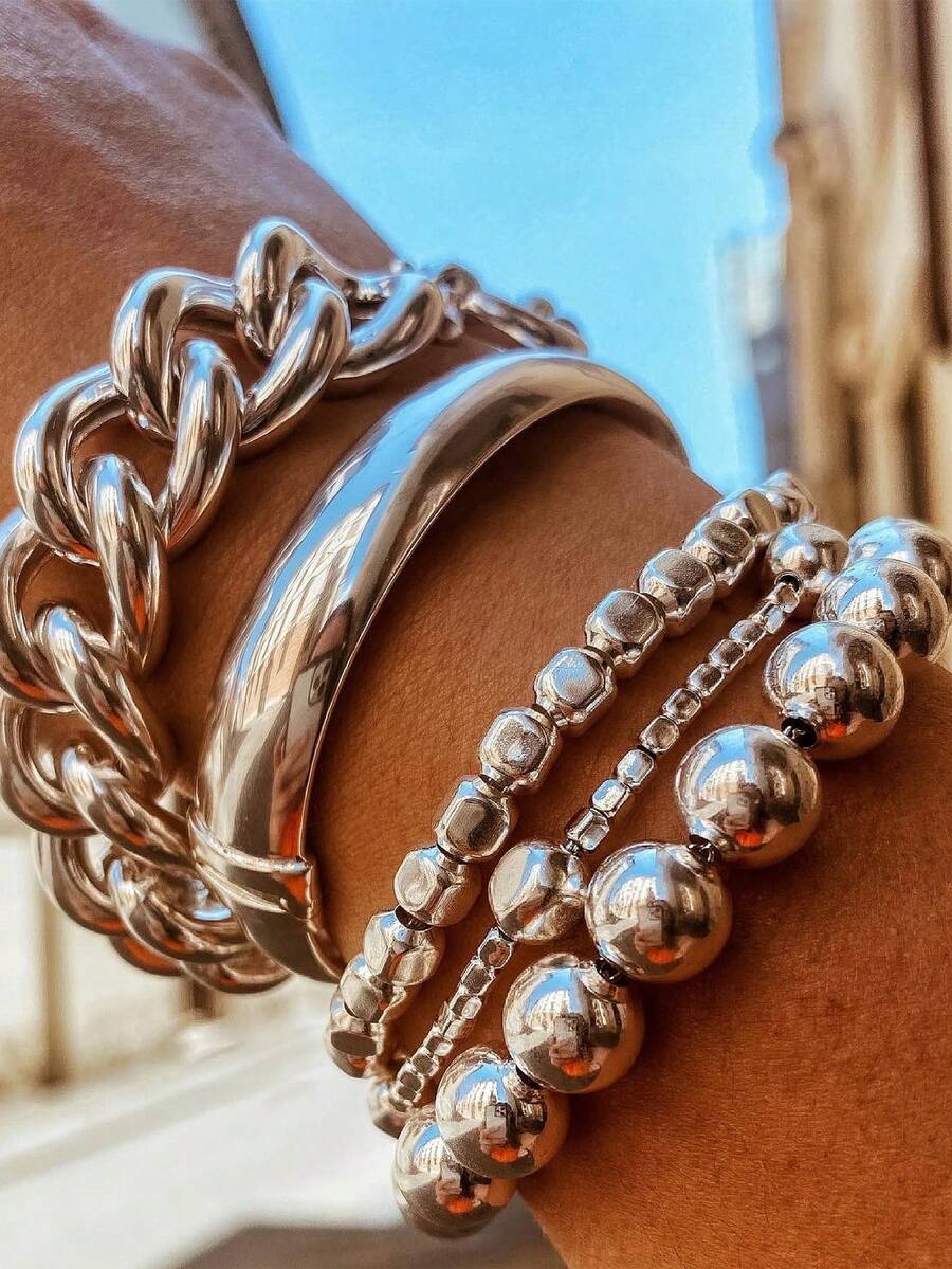 5pcs Fashion Exaggerated Minimalist Old Money Style Layered Vintage Design Thick Chain & Beaded Bracelet Set For Women, Suitable For Dating, Vacation, Daily Wear, Party, Holiday Gift