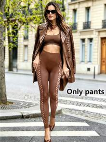 1 Pair Women Brown High Waist Stirrup Fishnet Mesh Leggings, Scallop Trim Sheer Streetwear Club Pantyhose - Coffee Brown - View 4