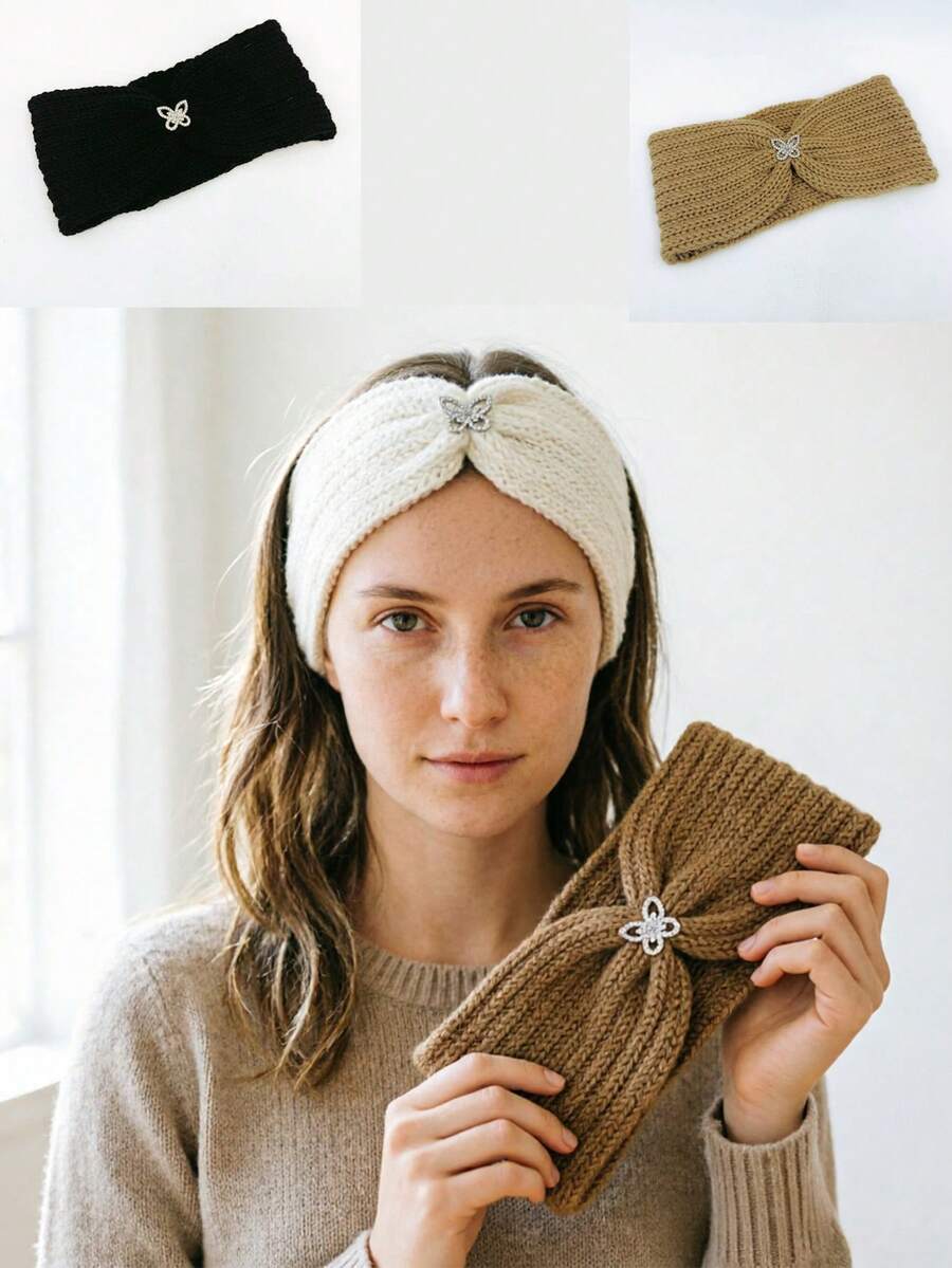 1PC Autumn/Winter Solid Color Warm & Breathable Bow Knitted Headband Hair Accessory Hairband Handmade Yoga Sports - As Shown - View 1