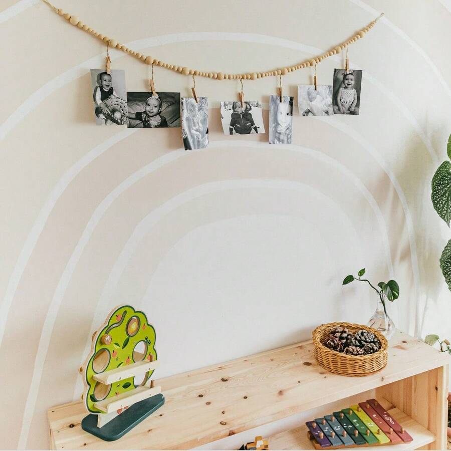 Bohemian Style Wooden Bead Photo Wall Hanging Decor, Nordic Minimalist Wooden Bead & Hemp Rope Photo String, Creative Wooden Clip Photo Hanging Decor, Baby Room Storage & Decoration Dual-Use, Easy Installation - Multicolor - View 1