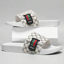 2026 Spring/Summer Korean Style Men's Personalized Print Slide Sandals, EVA Quick-Dry Soft Sole Roman Pattern Non-Slip Wear-Resistant, Fashionable Versatile Slippers For Bathroom, Home, Outdoor And Beach - White - View 3