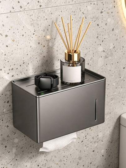 1pc Multifunctional Carbon Steel Fashion Facial Tissue Box, Minimalist No-Drill Wall-Mounted Storage Rack With Shelf, Easy Installation Rust-Proof, 3 Colors Available, Perfect For Small Bathroom And Kitchen Storage, Enhancing Home Decor Style