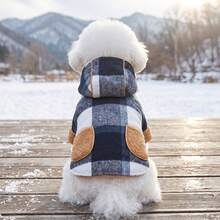 1pc Dog Coat, Plush Pocket Large Plaid Hooded Pet Jacket, Suitable For Small/Medium Dogs, Puppies, Cats, For Autumn/Winter Cold Weather Outdoor And Indoor Use - Blue - View 8