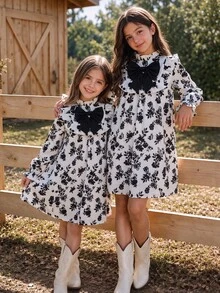 Tween Girls Kids Autumn/Winter Black Floral Print Bow Contrast Color Ruffle Hem Loose Doll Style Cute Casual Vacation Street Daily Wear Short Long Sleeve Dress - Multicolor - View 2