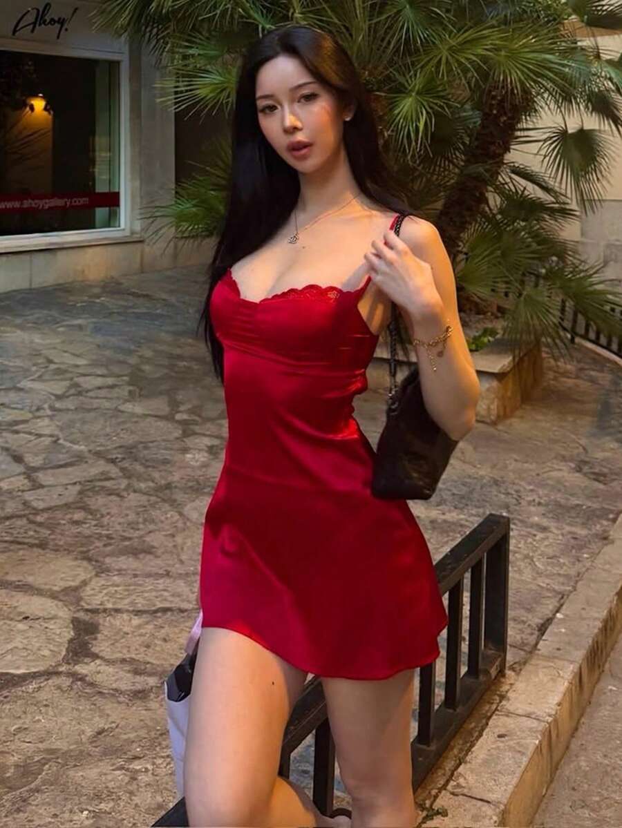 Top Dazzle Women's Elegant Red Short Spaghetti Strap Dress, Ruffle Collar Design, Smooth Satin Fabric, Suitable For Personalized Occasions - Red - View 1
