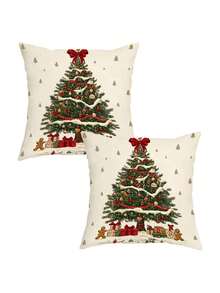 1/2/4Pcs Retro Snowy Christmas Tree Decorative Pillow Cover,Gingerbread Man Gift Box Snowy Xmas Tree Print Cushion Case,Cozy Farmhouse Xmas Home Decor - Multicolor - View 11