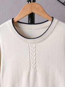 Stickad pullovertröja för pojkar i college-stil med färgblock, ränder och flätstickning, lämplig för avslappnad skolstil på våren, hösten och vintern - Aprikos - Visa 5