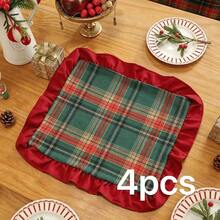 1/2/4pcs Vintage British Plaid Square Ruffled Napkins Placemats, Christmas Holiday Table Decor - Green - View 17