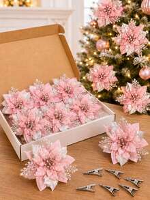 12/6pcs Pink Christmas Artificial Flowers With Clips And Sequins, Suitable For DIY Wreaths, Winter Parties, Christmas Tree Decorations And Christmas Party Decor - Pink - View 2