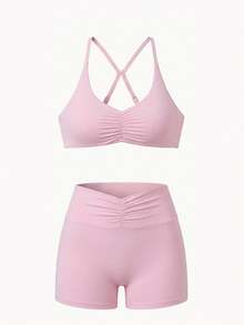 Women's Casual Sports 2 Pieces Set, Ruched Bust Cross Back Sleeveless Top, Ruched Waist Butt-Lifting Tight Shorts, Suitable For Yoga, Daily Wear - Pink - View 4