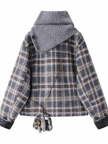 Premium Chic Contrast Color Plaid Winter Short Overcoat Patchwork Top Elegant Travel Casual Vacation - Apricot - View 2