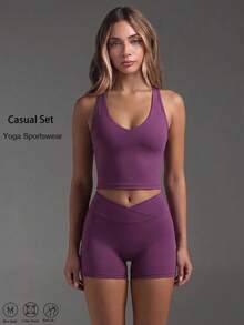 Women's Casual Sports 2 Pieces Set, Detachable Padding Racerback Sleeveless Top, High-Waisted Slim-Fit Butt-Lifting Cycling Shorts, Suitable For Gym And Daily Wear - Burgundy - View 3