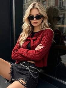 Women's Burgundy Cable Knit Cardigan, Autumn/Winter Bow Crop Top - Burgundy - View 3