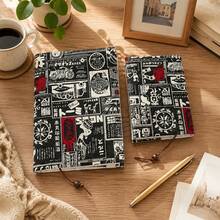 Retro Black Base Newspaper Collage Fabric Book Cover, Sturdy Canvas Book Protector Sleeve, Removable Notebook Wrap With A5/A6 Sizes, Lightweight Wearproof Book Jacket For Daily Reading, Journaling And Book Collections - Sets - View 5