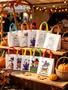 12/6/1pc Halloween DIY Gift Bags, Doodle Tote Bags, DIY Line Drawing Gift Bags With Colorful Handles, Atmosphere Decor, Photo Props, Suitable For Party Gift Packaging, Packaging Bags, Table Centerpiece Decoration, Gift Bags Included - Multicolor - View 8