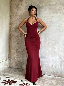 Autumn Solid Color Halter Neck Slim Fit V-Neck Dress, Elegant Women's Dress For Party And Date - Burgundy - View 9