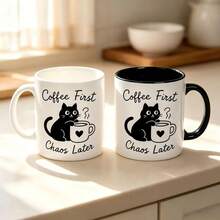 1pc 11oz Cute Black Cat Coffee Mug, "Coffee First Chaos Later" Funny Quote Ceramic Tea Cup, Reusable Daily Drinkware, Ideal Birthday, Christmas, Thanksgiving, Holiday Present For Cat Lovers, Home Office Desktop Drinking Cup - Multicolor - View 2