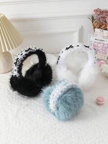 GARASSACC 1pc Women's Lace Pearl Bow Ribbon Plush Warm Foldable Earmuffs - Solid Color - View 3