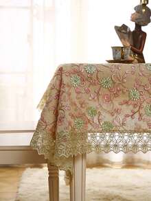 1pc Vintage Pink Floral Embroidered Lace Tablecloth, Gold Scalloped Lace Edge Transparent Mesh Table Cover, Elegant French Style Dining Tablecloth, Suitable For Dining Table, Wedding Banquet And Home Decor - Pink - View 8