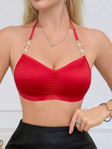 Sujetador cómodo de mujer de color liso con diseño fruncido y hebilla anular (sin relleno) - Rojo - Ver 5