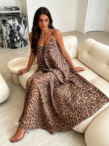 1pc Women's Leopard Print Camisole Dress Loungewear Sleepwear - Brown - View 6