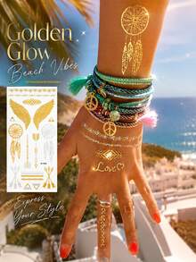 Gold Metallic Temporary Tattoo Stickers For Women, Boho Feather Wing Arrow & Geometric Designs, Shiny Waterproof Long Lasting Body Tattoos For Beach, Vacation, Festival, Party & Summer Style - Multicolor - View 1