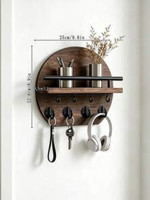 1pc Round Wooden Wall-Mounted Key Rack With Shelf, 4 Metal Hooks Entryway Storage Organizer, Modern Hanging Key Bag Small Items Holder, Hallway Bedroom Apartment Home Decor, Housewarming Gift - Multicolor - View 11