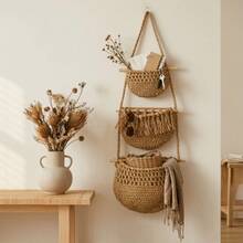 3-Tier Bohemian Style Wall-Mounted Hand-Woven Natural Rope Storage Basket, Rustic Hanging Fruit Vegetable Organizer, Space Saving Multi-Functional Macrame Decor For Kitchen Pantry Bathroom Entryway - Multicolor - View 8
