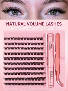 3 IN 1 Kit ,10‑18mm Mixed Length D Curl Individual Cluster Lashes Extension Kit, DIY False Eyelash Set With Bond, Seal Glue & Lash Application Tools For Daily & Party Makeup - Pink - View 1