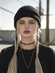 1PC Unisex Solid Black Ribbed Cuffed Knit Beanie Hat, Soft Stretchy Warm Skull Cap, Casual Y2K Fall Winter Daily Street Headwear For Men Women - Multicolor - View 1