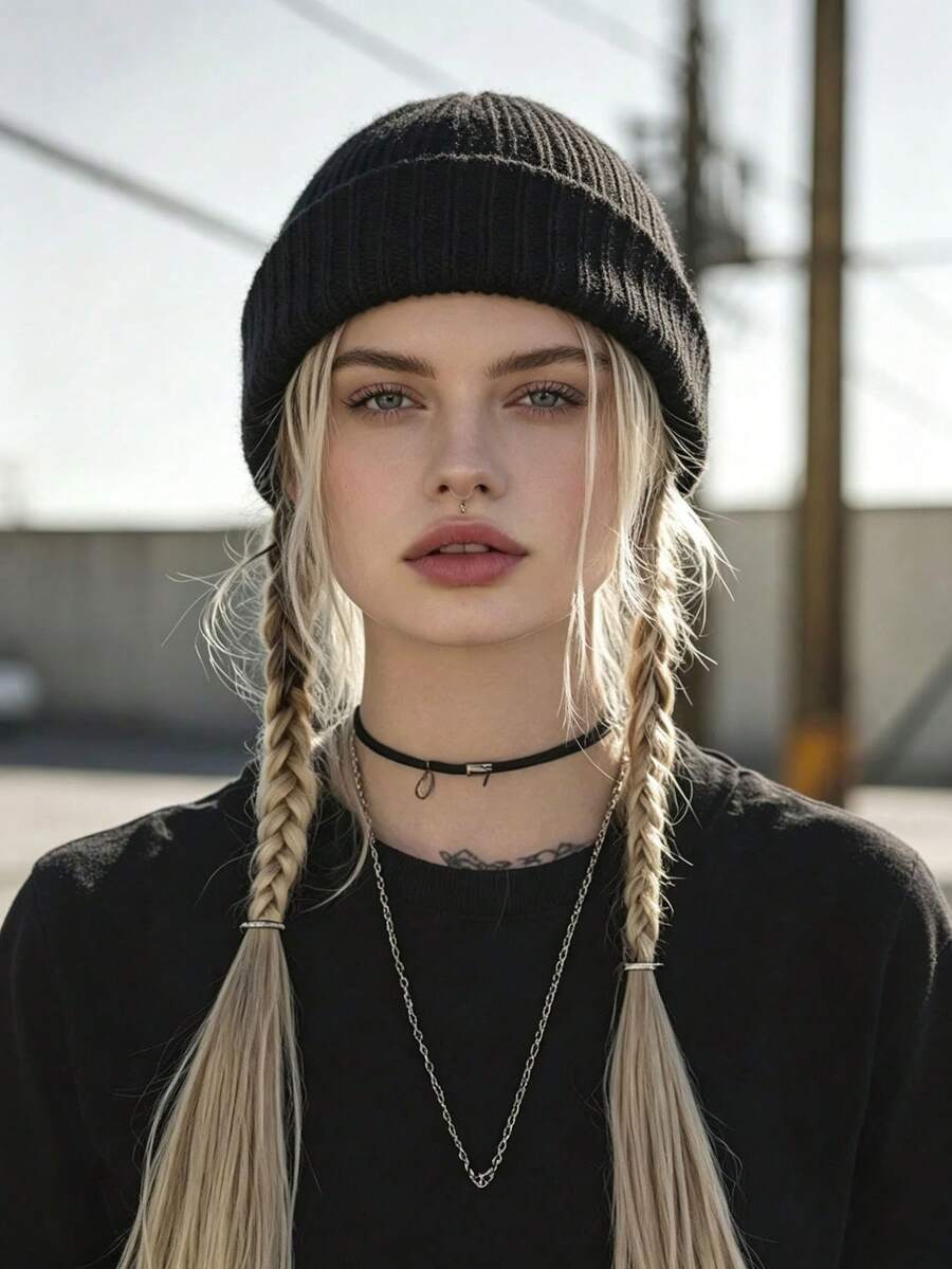1PC Unisex Solid Black Ribbed Cuffed Knit Beanie Hat, Soft Stretchy Warm Skull Cap, Casual Y2K Fall Winter Daily Street Headwear For Men Women - Multicolor - View 1