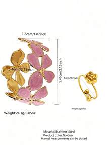 2PCS Minimalist Fashion Vintage Elegant Gentle Style Oil Drip Enamel Four-Petal Design Bracelet & Ring Set Stainless Steel Women's Jewelry Suitable For Daily Wear/Garden Party/Evening Event/Commute/Date/Valentine's Day Gift For Loved Ones - Yellow Gold - View 14