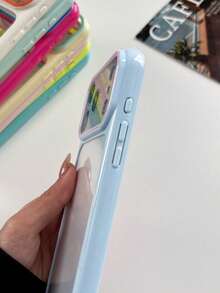 Two-Tone Pastel Blue & Pink Large Camera Window Phone Case, Frosted Clear Transparent Shockproof Soft TPU Protective Cover, Simple Plain Matte Phone Shell Compatible With IPhone14 15 16 17 18Pro Max, Minimalist Sweet Girly Cellphone Accessory - Multicolor - View 2