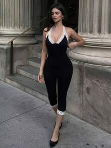2026新款歐美純色V領蕾絲飾邊掛脖露背修身連身褲黑色夏季 - 黑色 - 查看 1