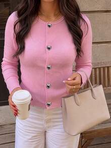Women's Pink Knit Long Sleeve Crew Neck Regular Fit Pullover Sweater - Pink - View 2