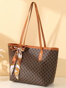 Fashionable Retro Letter Print Women's Tote Bag, Zipper Closure Large Capacity Shoulder Bag, Scarf Bowknot Decoration, Suitable For Work, Shopping And Daily Use - Brown - View 1