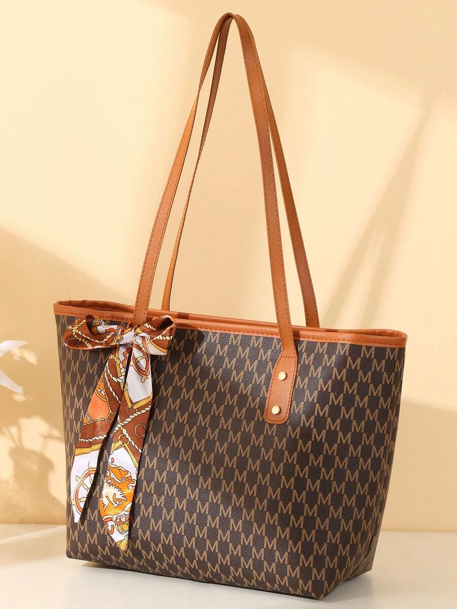 Fashionable Retro Letter Print Women's Tote Bag, Zipper Closure Large Capacity Shoulder Bag, Scarf Bowknot Decoration, Suitable For Work, Shopping And Daily Use - Brown - View 1