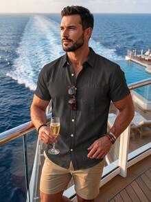 Men's Summer/Autumn Breathable Comfortable Short Sleeve Linen Button-Down Shirt, Single Pocket Design, Breathable & Fashionable, Suitable For Beach Vacation, Back To School, And Casual Daily Wear - Black - View 1