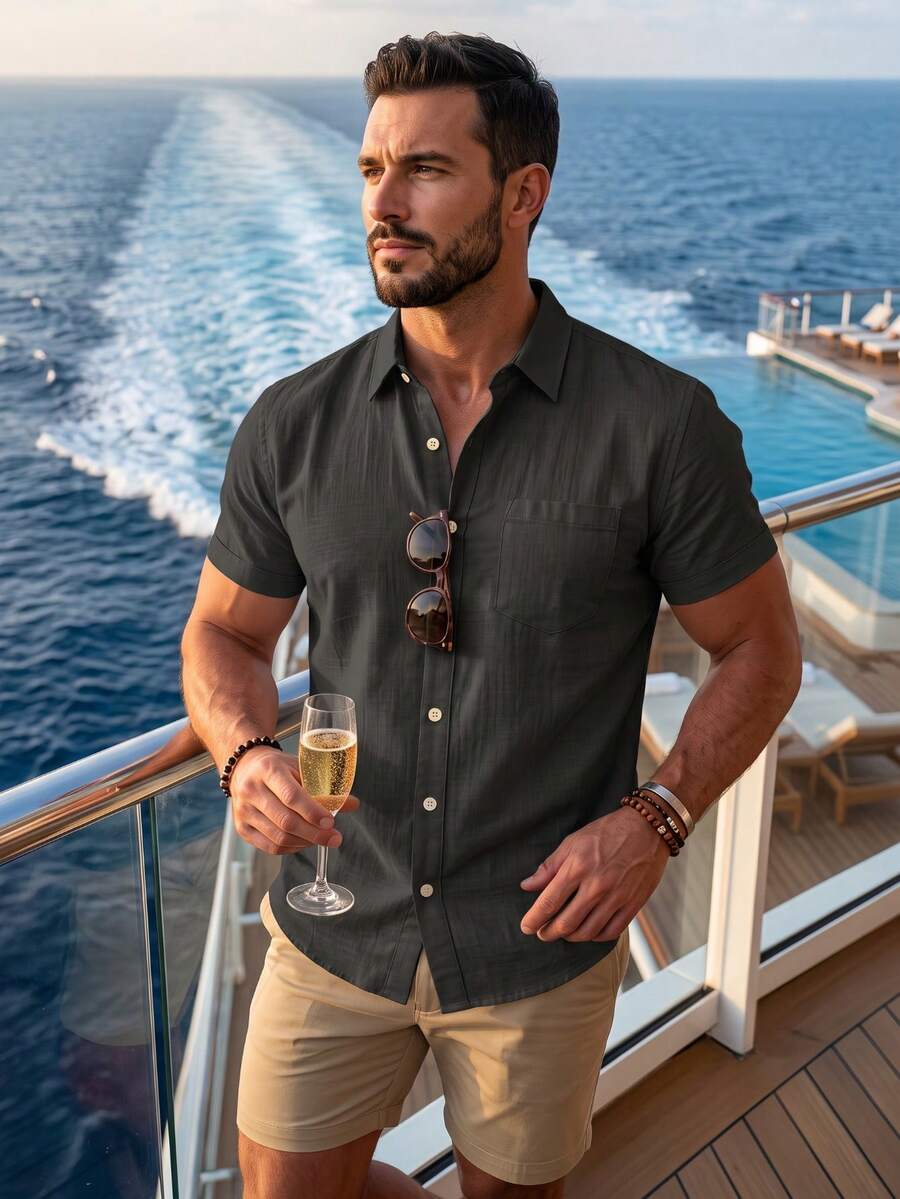 Men's Summer/Autumn Breathable Comfortable Short Sleeve Linen Button-Down Shirt, Single Pocket Design, Breathable & Fashionable, Suitable For Beach Vacation, Back To School, And Casual Daily Wear - Black - View 1