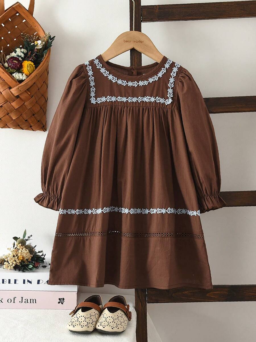 bearleader Girls' Pure Cotton Dress, Floral Lace Long Sleeve Solid Color, Autumn/Winter/Spring Style, 3-7 Years Old - Coffee - View 1