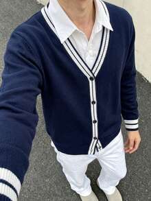 Tween Boys Academy Style Solid Color V-Neck Knit Cardigan Sweater Jacket Suitable For School Casual Spring Autumn Winter - Navy Blue - View 2