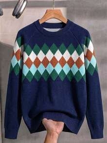 Boys' College Style Contrast Color Plaid Knit Pullover Sweater, Long Sleeve, Suitable For School And Casual Wear, Spring, Autumn, Winter - Navy Blue - View 3