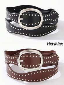 Hershine 2pcs Heavy Rivet Decorated Vintage Street Style PU Leather Belts, Elegant Oval Metal Buckle, Shiny Silver Oval Pin Buckle Sturdy And Durable, Dense Rivet Embellishment Highly Recognizable, Street Atmosphere Fully Loaded, Full Circle Rivet Design Eye-Catching And Bright, Easily Create Cool And Chic Outfit, Essential Accessory Belt For Women In Spring And Autumn - Brown + Black - View 1