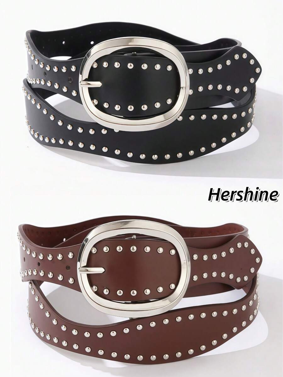 Hershine 2pcs Heavy Rivet Decorated Vintage Street Style PU Leather Belts, Elegant Oval Metal Buckle, Shiny Silver Oval Pin Buckle Sturdy And Durable, Dense Rivet Embellishment Highly Recognizable, Street Atmosphere Fully Loaded, Full Circle Rivet Design Eye-Catching And Bright, Easily Create Cool And Chic Outfit, Essential Accessory Belt For Women In Spring And Autumn - Brown + Black - View 1