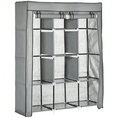 Fabric Wardrobe With 8 Shelves & Clothes Rails, Non-Woven Folding Closet In Beige, 125x43x162.5cm For Space-Saving Storage - Light Grey - View 1